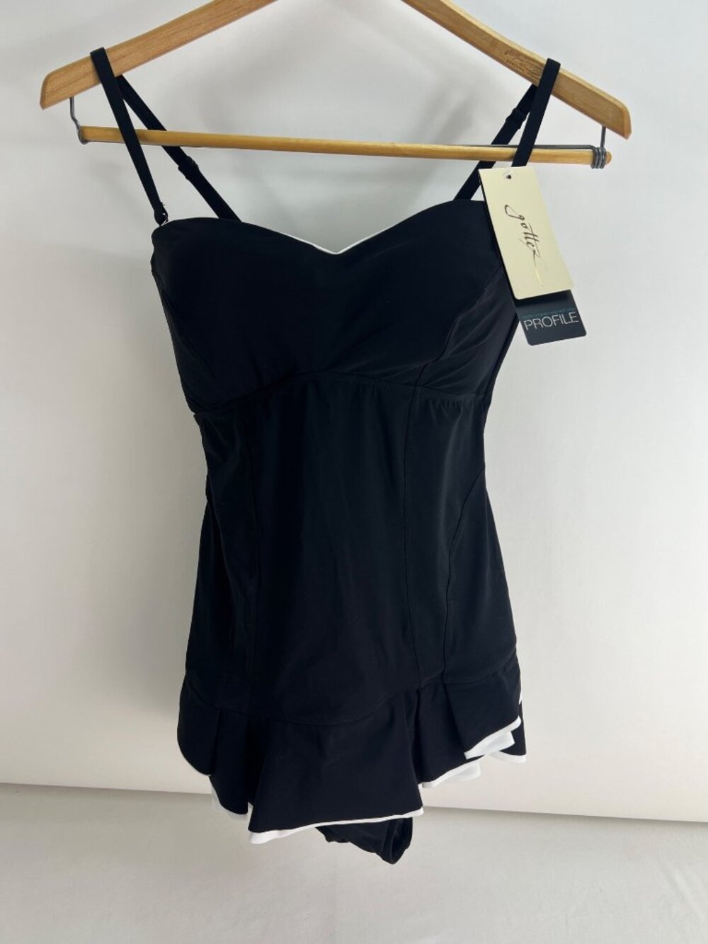 Gottex Profile Black Swim Dress With White Trim Ruffled Hem Adjustable Straps UP